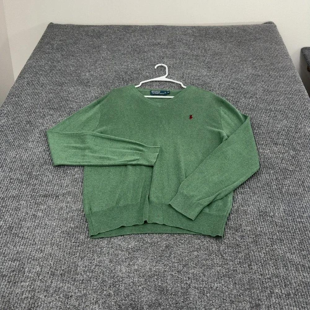Polo Ralph Lauren Sweater Mens M Green Pima Cotton V Neck Classic Preppy
